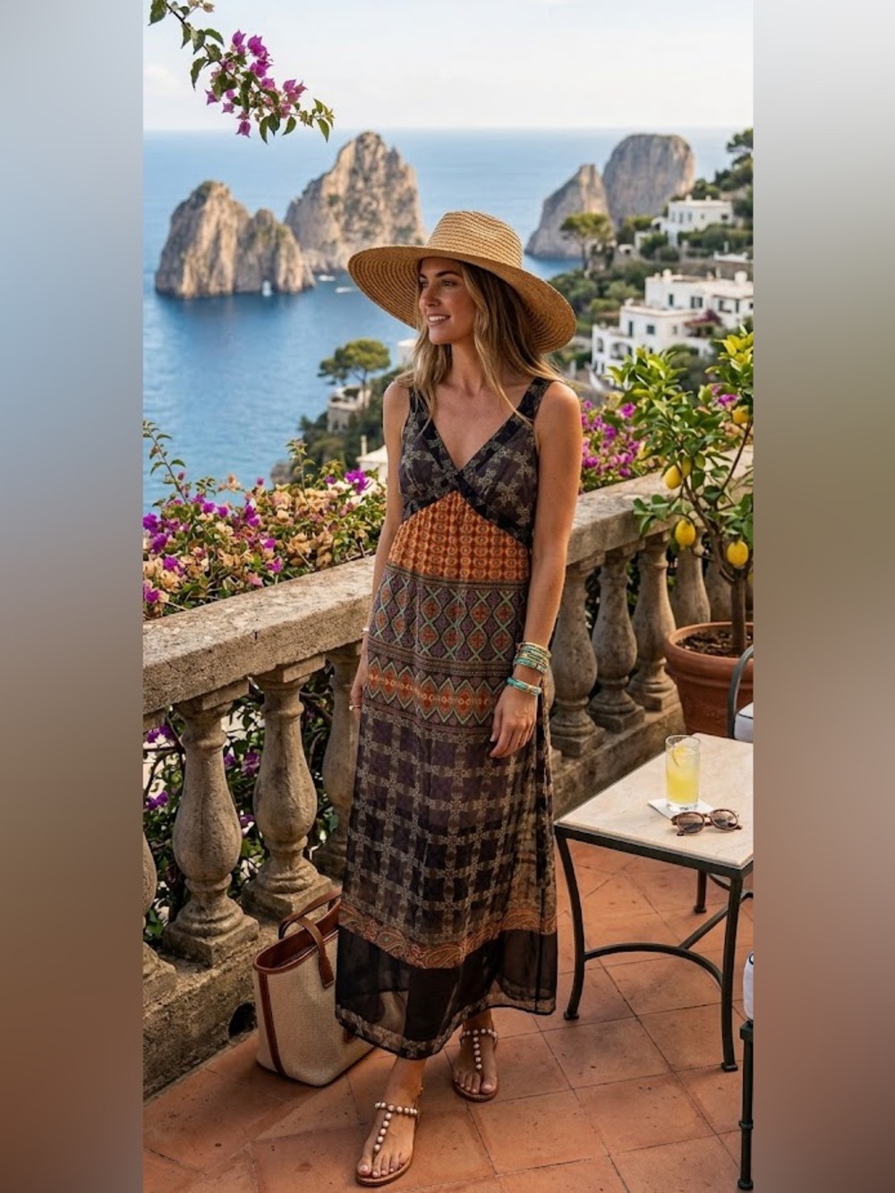 Crisca Maxi Dress Boho Green Orange Mixed Media Print 40 FR New with Tags